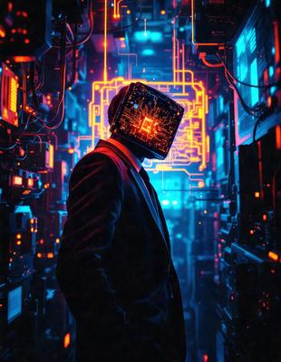 The primary subject of the image is a man wearing a suit and a hat with a square face. He is standing in a futuristic setting, surrounded by a variety of electronic devices and wires. The visual style of the image is a combination of photo and digital art, creating a unique and intriguing atmosphere. The colors and mood of the image are predominantly blue and orange, with a sense of mystery and futuristic ambiance.